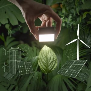 Hand holding light with nature on green leaf with energy sources